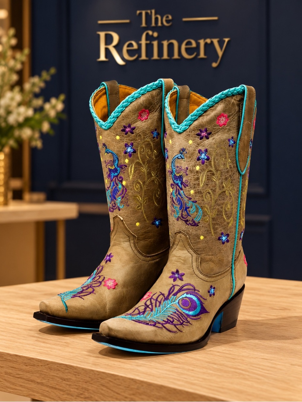 Nuevo Rancho Women’s Tan Embroidered Western Boots Teal peacock NWT